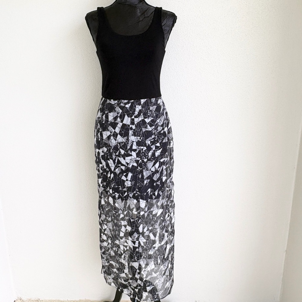 Vince Camuto Maxi Dress Geometric Print Sheer Overlay, Womens XS Black White‎